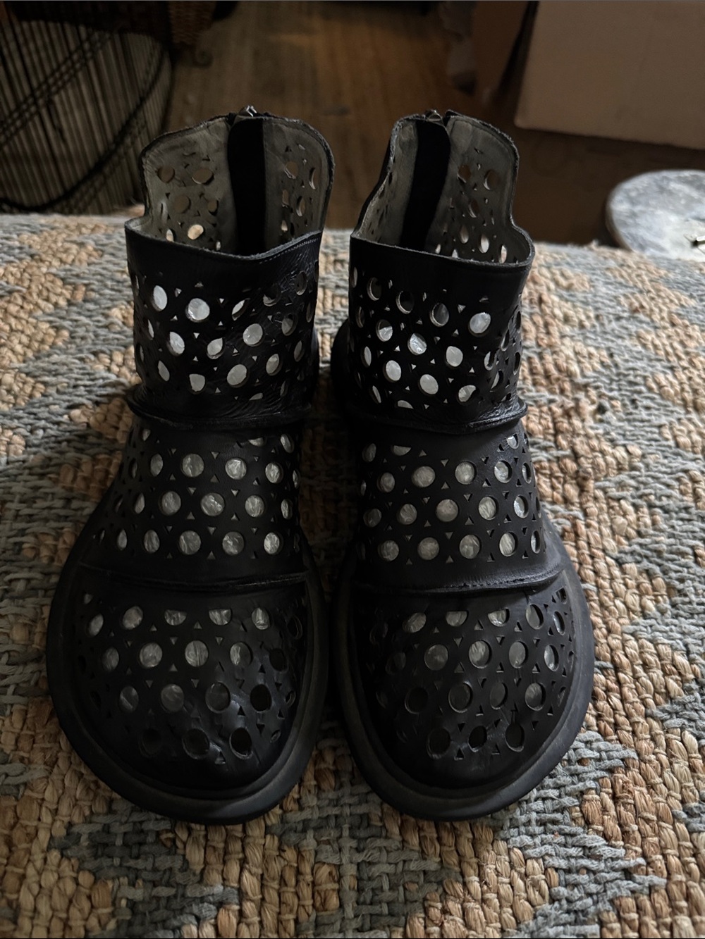 Women's Black Genuine Leather Perforated Ankle Boots 9
